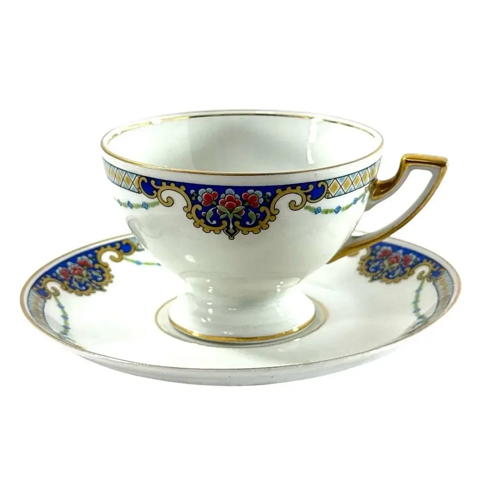 Thomas Bavaria Demitasse Cup & Saucer Blue Floral Gold Trim German Porcelain